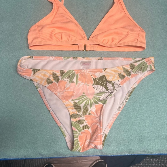 Xhileration Orange Bikini Set with Floral Bottoms adjustable straps triangle top - Picture 2 of 9